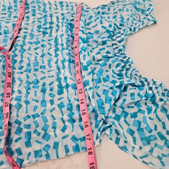 Michael Kors Blue Patterned Off-Shoulder Top Medium Cotton Silk Blend - Picture 7 of 9